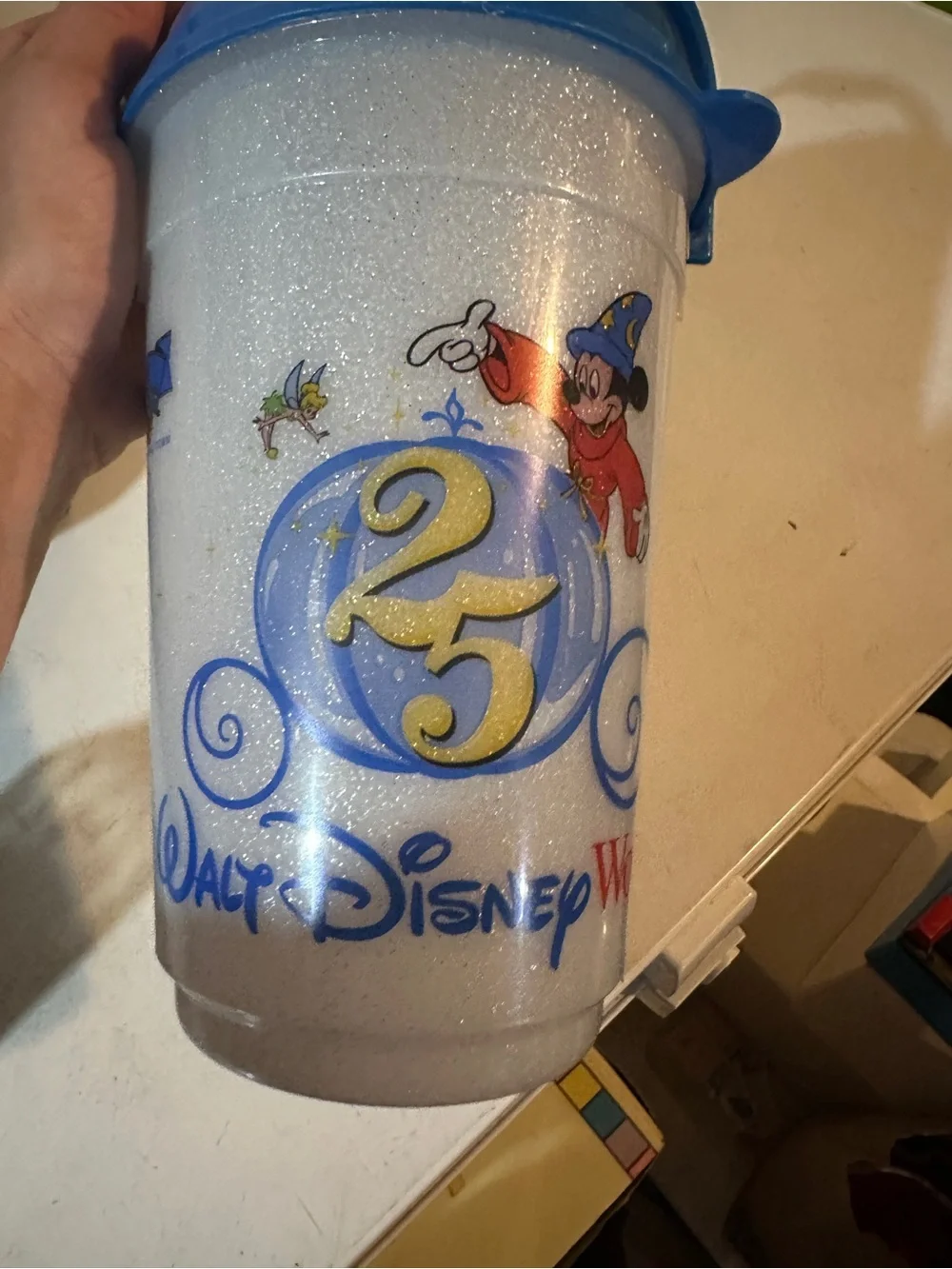 Disney 25th Anniversary White Glitter Souvenir Bucket with Blue Lid